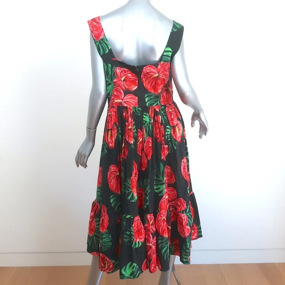 Dolce & Gabbana Sleeveless Midi Dress Black Laceleaf Floral Print Poplin Size 48 - Picture 5 of 7